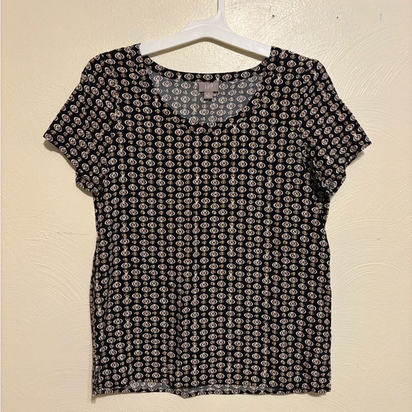 J.JILL Black Multi Geometric 100% Rayon Short Sleeve Scoopneck Blouse Sz Small - Picture 1 of 8